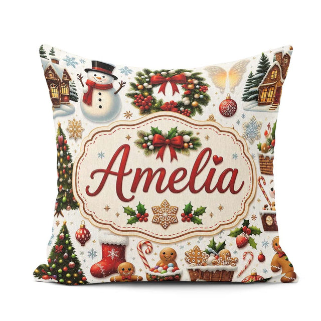 Custom Name Cute Christmas Wreath Snowman Cookies Tree Seamless Square Filled Cushion Throw Pillow Sofa Bed Home Decor Zip Washable UK Made
