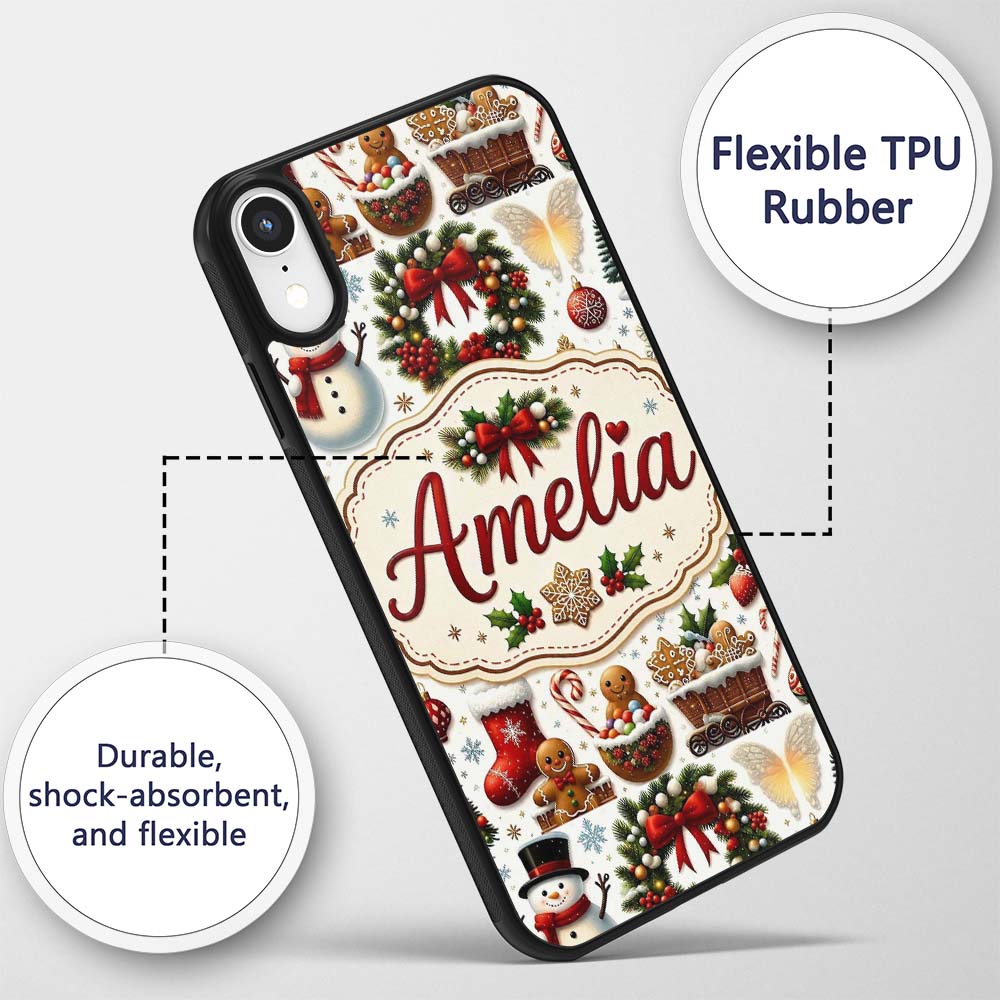 Cute Christmas Wreath Snowman Gingerbread Cookies Custom Name Protective Phone Case Mobile Cover Durable Everyday Smartphone Shock Resistant