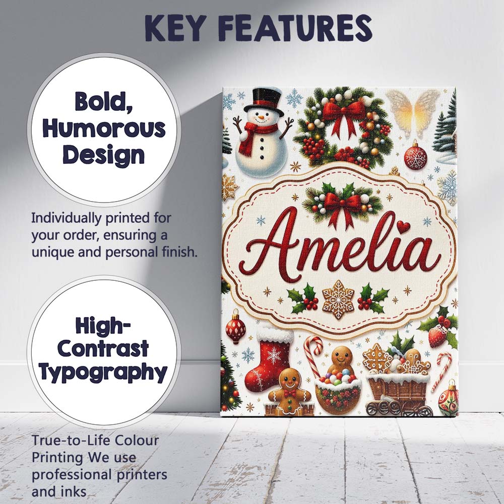 Personalised Name Cute Christmas Wreath Custom  Modern Room Accent Elegant Feature Canvas Wall Art Print Decor Picture Ready to Hang