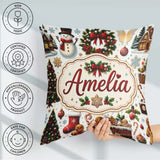 Custom Name Cute Christmas Wreath Snowman Cookies Tree Seamless Square Filled Cushion Throw Pillow Sofa Bed Home Decor Zip Washable UK Made