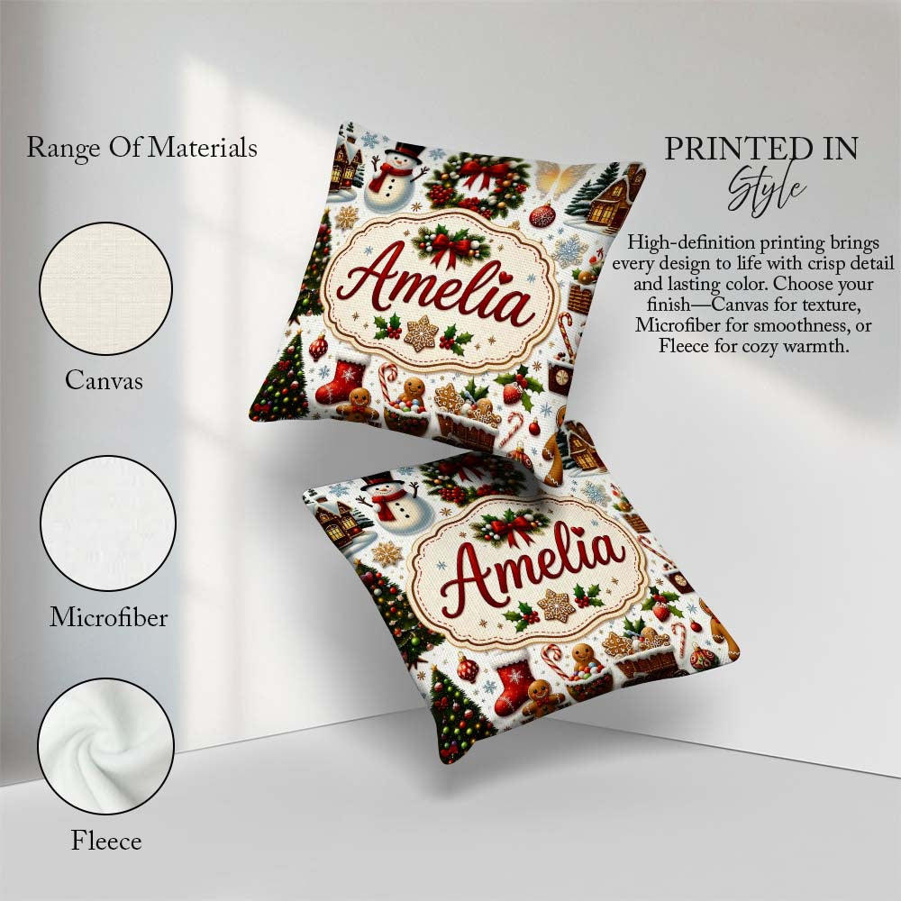 Custom Name Cute Christmas Wreath Snowman Cookies Tree Seamless Square Filled Cushion Throw Pillow Sofa Bed Home Decor Zip Washable UK Made