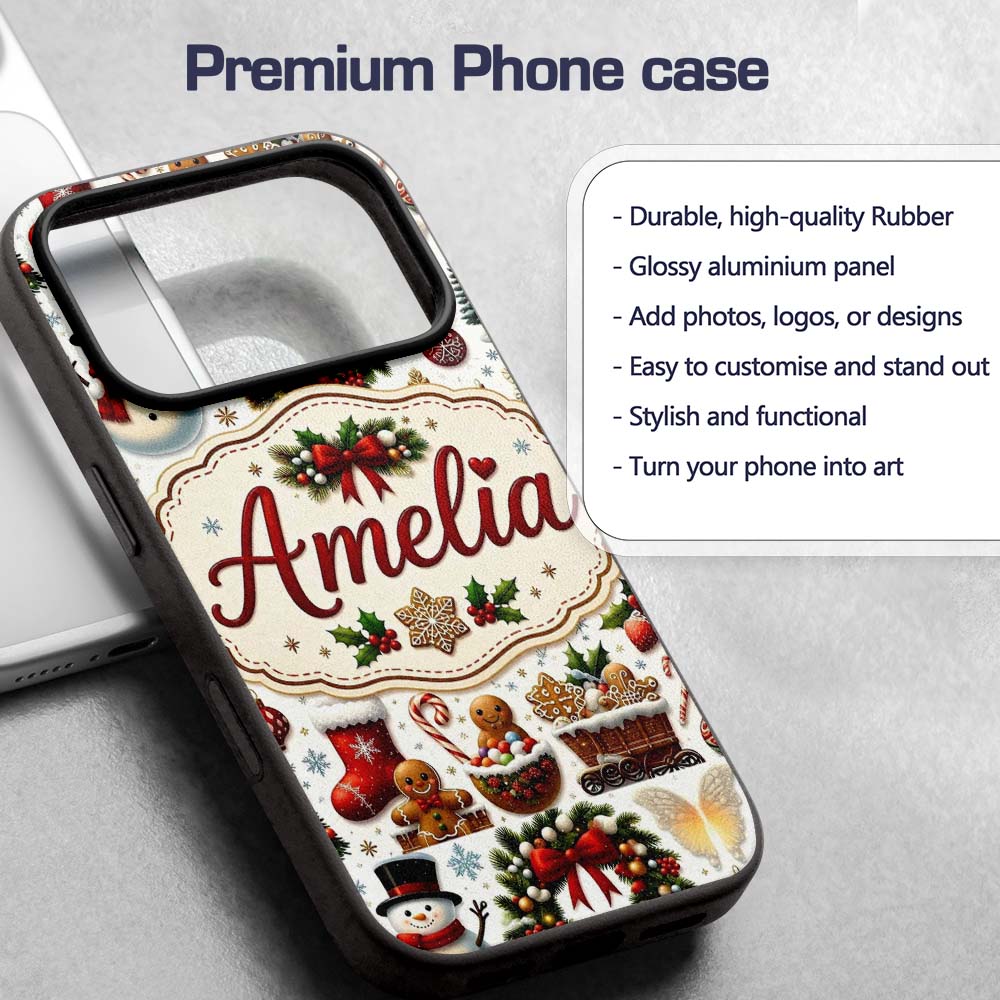 Cute Christmas Wreath Snowman Gingerbread Cookies Custom Name Protective Phone Case Mobile Cover Durable Everyday Smartphone Shock Resistant
