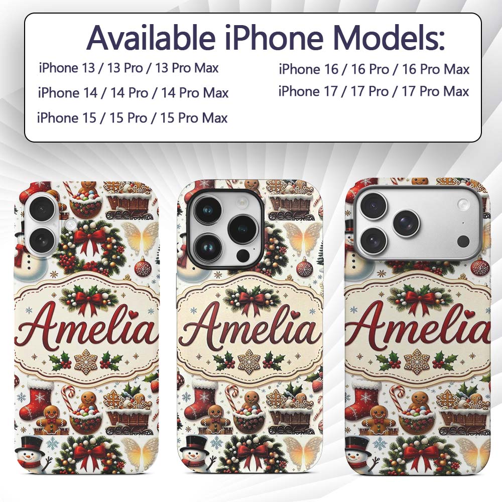 Cute Christmas Wreath Snowman Gingerbread Cookies Custom Name Protective Phone Case Mobile Cover Durable Everyday Smartphone Shock Resistant
