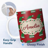 Personalized Custom Name Festive Christmas Hat Knitted Seamless Pattern Holiday Lovely 11oz Ceramic Coffee Tea Mug White Large Handle