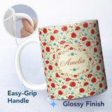 Personalized Custom Name Wildflower Poppy Pattern Red and Blue Botanical Seamless Vintage 11oz Ceramic Coffee Tea Mug White Large Handle