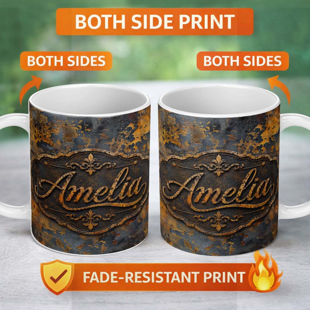 Personalized Custom Name Vintage Industrial Rust Texture with Structural Elements Seamless 11oz Ceramic Coffee Tea Mug White Large Handle