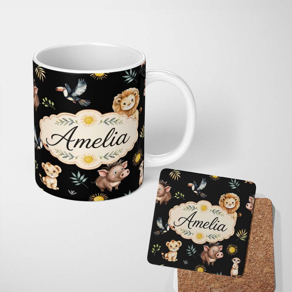 Personalized Custom Name Cute Safari Animals Lion Meerkat Toucan Black Seamless Pattern 11oz Ceramic Coffee Tea Mug White Large Handle