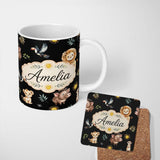 Personalized Custom Name Cute Safari Animals Lion Meerkat Toucan Black Seamless Pattern 11oz Ceramic Coffee Tea Mug White Large Handle