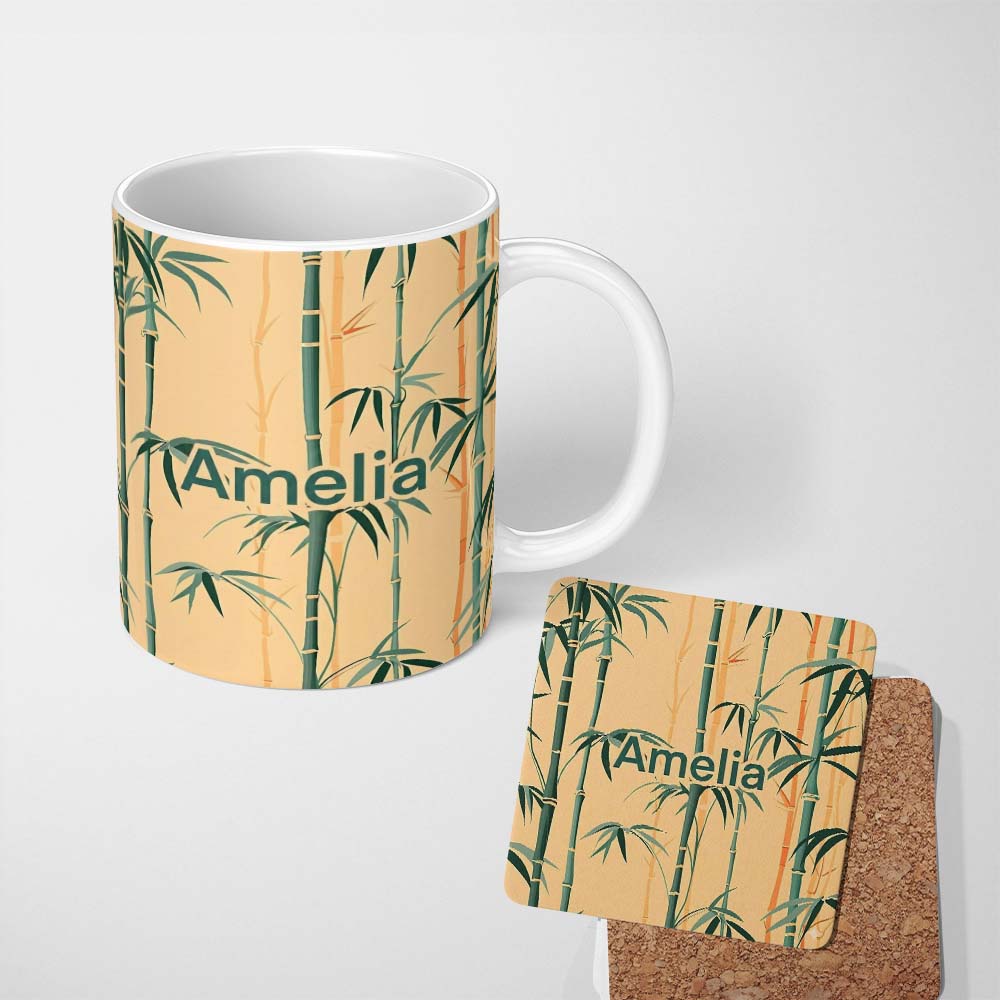 Personalized Custom Name Elegant Bamboo Stalks on Warm Beige Background Asian Botanical 11oz Ceramic Coffee Tea Mug White Large Handle