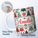 Personalized Custom Name Minimal Christmas Trees and Snowflake Shapes in Red Green Style 11oz Ceramic Coffee Tea Mug White Large Handle