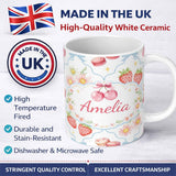Personalized Custom Name Strawberry Cherry Daisy White Blue Outline Cute Coquette Floral 11oz Ceramic Coffee Tea Mug White Large Handle