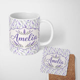 Personalized Custom Name Vintage Inspired Blue Floral Damask Pattern with Ornate Detailing 11oz Ceramic Coffee Tea Mug White Large Handle