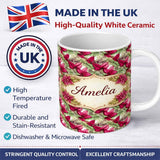Personalized Custom Name Red Green Botanical Leaves Vintage Seamless Pattern Cute Unique Gift 11oz Ceramic Coffee Tea Mug White Large Handle