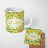 Personalized Custom Name Watercolor Carrot Brushstroke Texture Seamless Pattern Fresh Green 11oz Ceramic Coffee Tea Mug White Large Handle