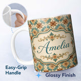 Personalized Custom Name Vintage Teal and Brown Floral Tile Pattern with Ornate Geometric 11oz Ceramic Coffee Tea Mug White Large Handle