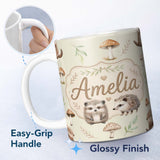 Personalized Custom Name Cute Woodland Hedgehog Mushrooms Leaves Seamless Pattern Light Beige 11oz Ceramic Coffee Tea Mug White Large Handle