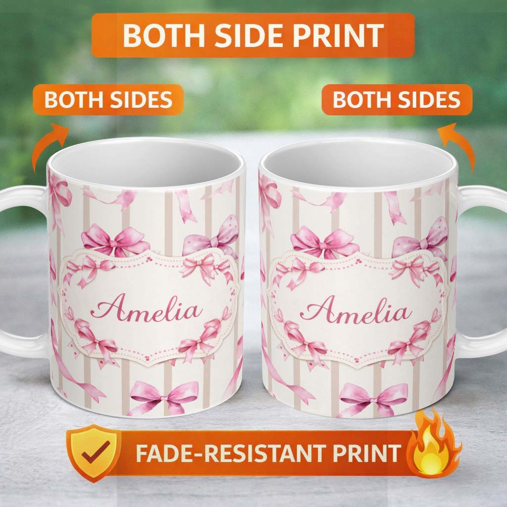 Personalized Custom Name Watercolor Pink Ribbon Bow with Neutral Beige Stripes Background 11oz Ceramic Coffee Tea Mug White Large Handle