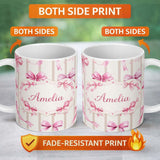 Personalized Custom Name Watercolor Pink Ribbon Bow with Neutral Beige Stripes Background 11oz Ceramic Coffee Tea Mug White Large Handle