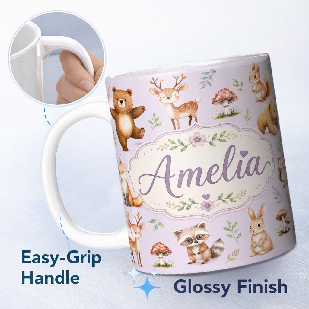 Personalized Custom Name Forest Animals Deer Bear Fox Owl Raccoon on Soft Lavender Seamless 11oz Ceramic Coffee Tea Mug White Large Handle