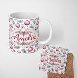 Personalized Custom Name Watercolor Pink Christmas Baubles Pine Branch Berries Seamless 11oz Ceramic Coffee Tea Mug White Large Handle
