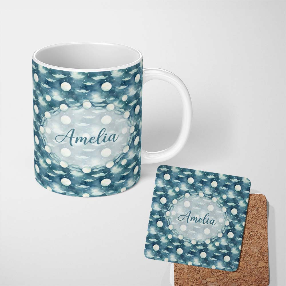 Personalized Custom Name Dreamy Night Sky Clouds and Full Moon Seamless Pattern Lovely 11oz Ceramic Coffee Tea Mug White Large Handle