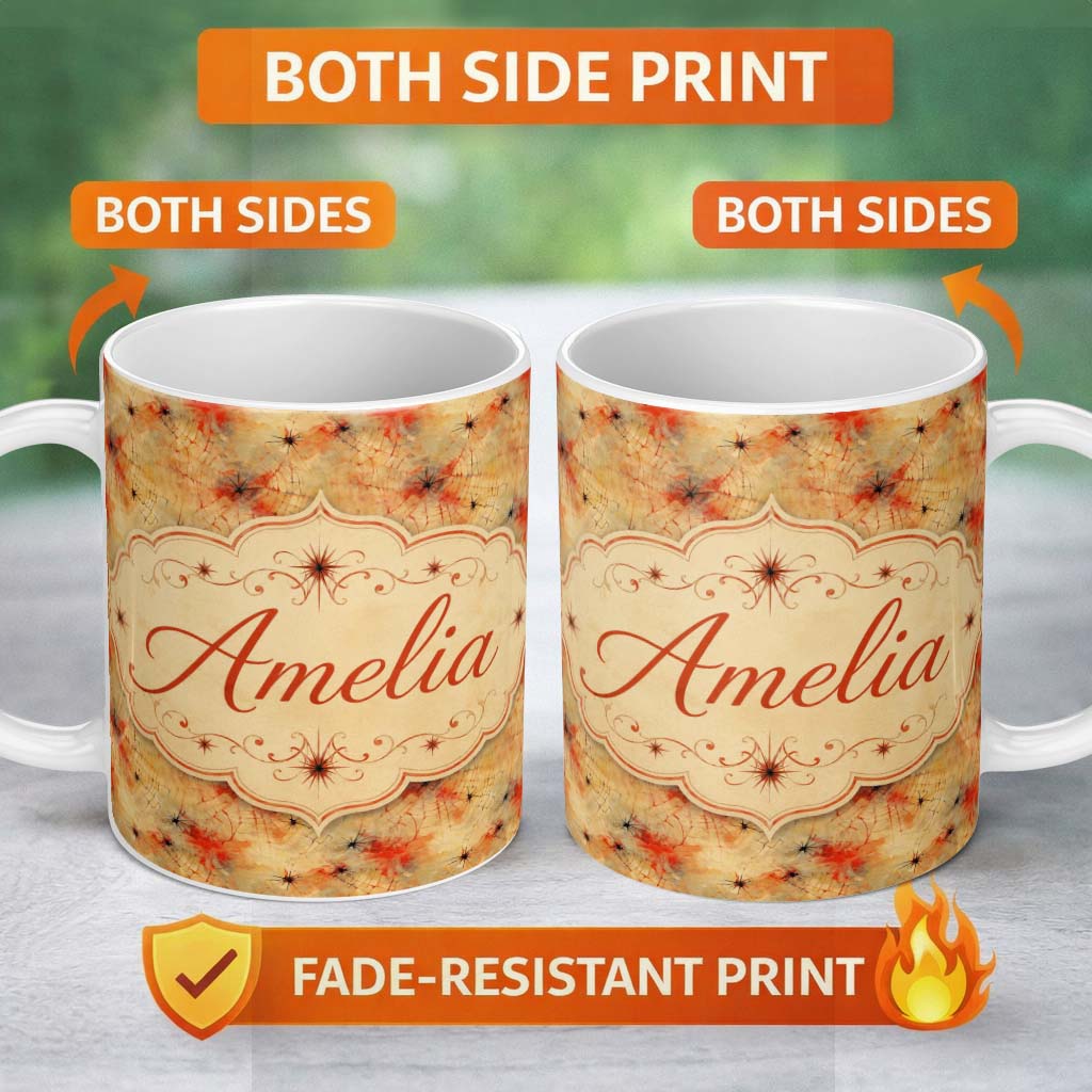 Personalized Custom Name Abstract Red Spider Web Grunge Texture Seamless Pattern Lovely 11oz Ceramic Coffee Tea Mug White Large Handle