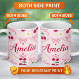 Personalized Custom Name Cute Cherry and Daisy Flowers with Pink Ribbon Bows Soft Pink Lovely 11oz Ceramic Coffee Tea Mug White Large Handle