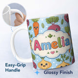 Personalized Custom Name Cute Happy Vegetables Carrots Beetroot Onion Garden Seamless Pattern 11oz Ceramic Coffee Tea Mug White Large Handle