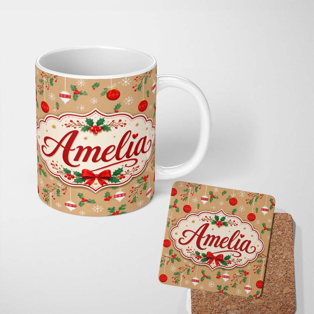 Personalized Custom Name Christmas Hanging Baubles Holly Branches Festive Holiday Design 11oz Ceramic Coffee Tea Mug White Large Handle