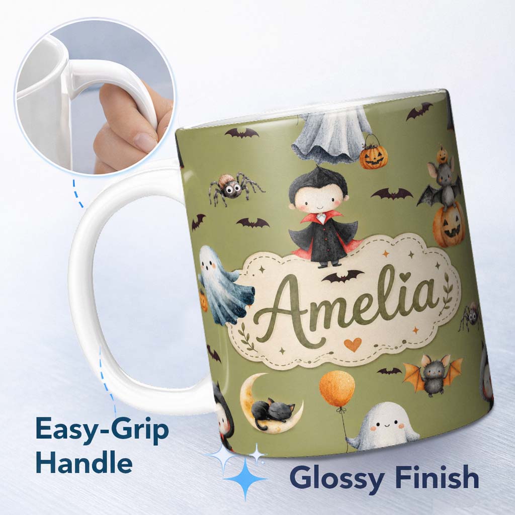 Personalized Custom Name Halloween Vampire Ghost Bats Spooky Characters Olive Green Seamless 11oz Ceramic Coffee Tea Mug White Large Handle