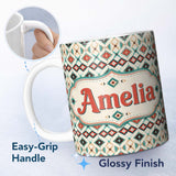 Personalized Custom Name Tribal Geometric Diamond Aztec Seamless Pattern Perfect Gift for Her 11oz Ceramic Coffee Tea Mug White Large Handle