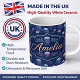 Personalized Custom Name Cute Multicolor Jellyfish Pattern on Deep Blue Ocean Background 11oz Ceramic Coffee Tea Mug White Large Handle