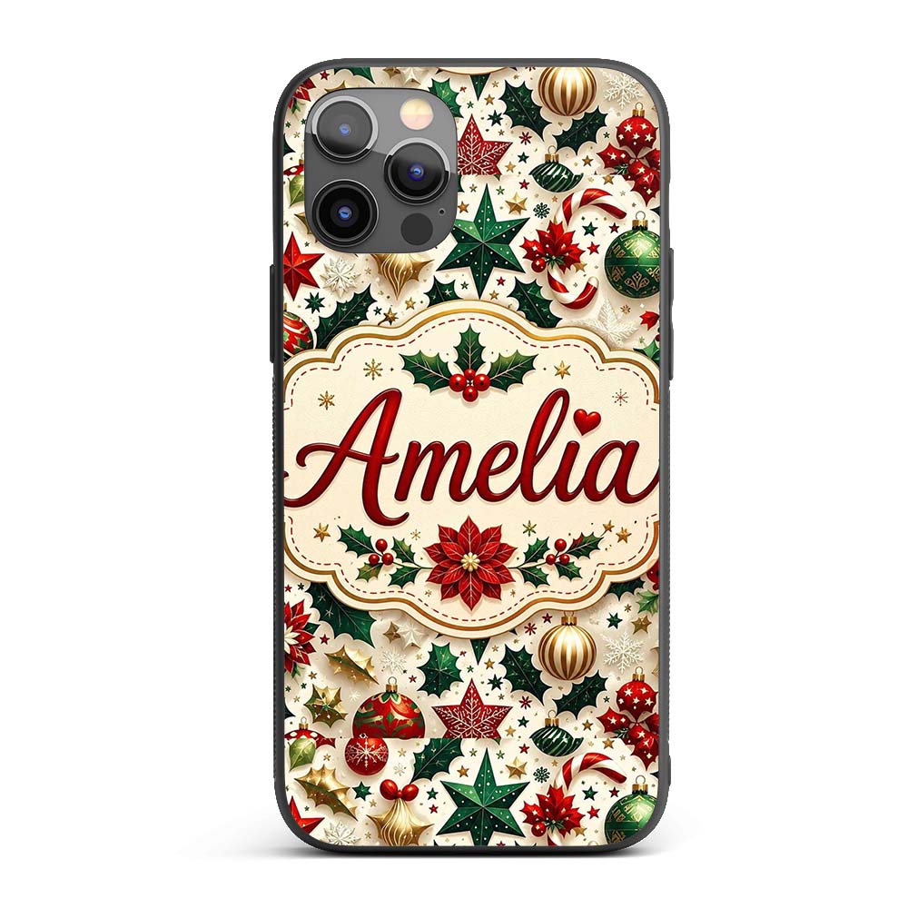 Festive Christmas Stars Ornaments Holly Leaves Custom Name Protective Phone Case Mobile Cover Durable Everyday Smartphone Shock Resistant
