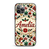 Festive Christmas Stars Ornaments Holly Leaves Custom Name Protective Phone Case Mobile Cover Durable Everyday Smartphone Shock Resistant