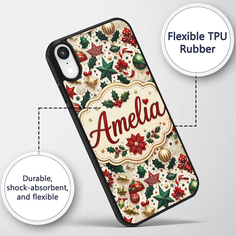 Festive Christmas Stars Ornaments Holly Leaves Custom Name Protective Phone Case Mobile Cover Durable Everyday Smartphone Shock Resistant