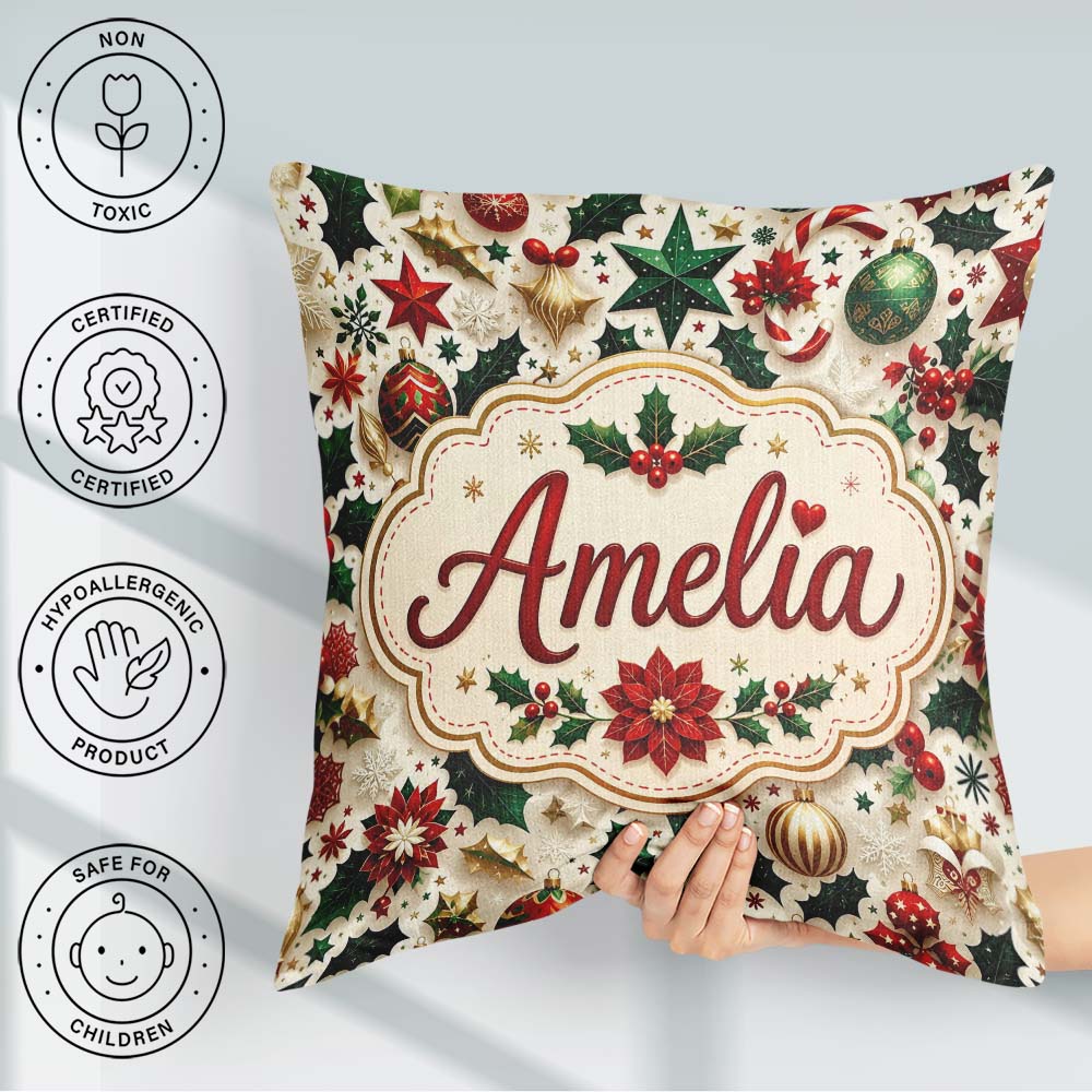 Custom Name Festive Christmas Ornaments Leaves Seamless Pattern Square Filled Cushion Throw Pillow Sofa Bed Home Decor Zip Washable UK Made
