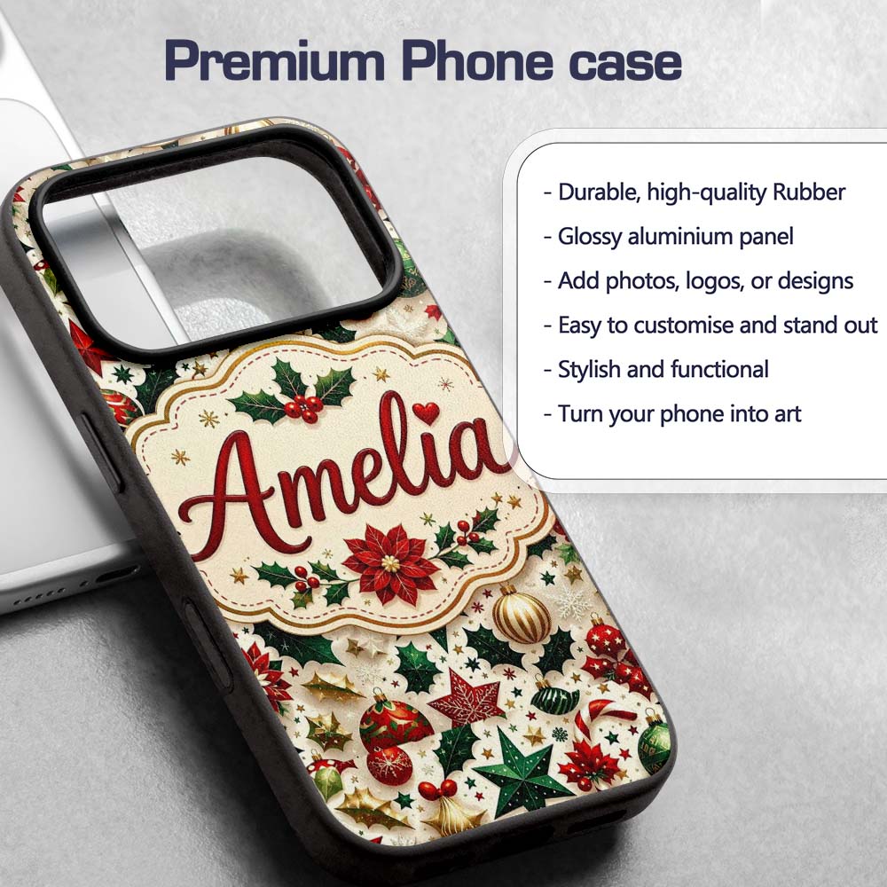 Festive Christmas Stars Ornaments Holly Leaves Custom Name Protective Phone Case Mobile Cover Durable Everyday Smartphone Shock Resistant