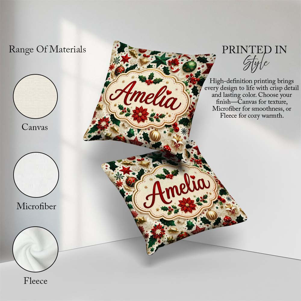 Custom Name Festive Christmas Ornaments Leaves Seamless Pattern Square Filled Cushion Throw Pillow Sofa Bed Home Decor Zip Washable UK Made