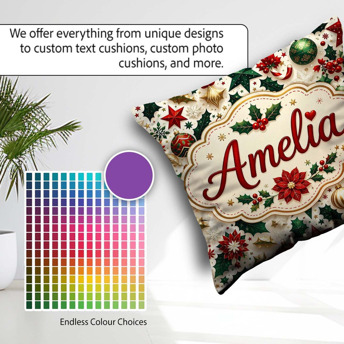 Custom Name Festive Christmas Ornaments Leaves Seamless Pattern Square Filled Cushion Throw Pillow Sofa Bed Home Decor Zip Washable UK Made