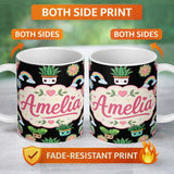 Personalized Custom Name Cute Kawaii Rainbow Sun Flowers Plant Pots Seamless Pattern Black 11oz Ceramic Coffee Tea Mug White Large Handle