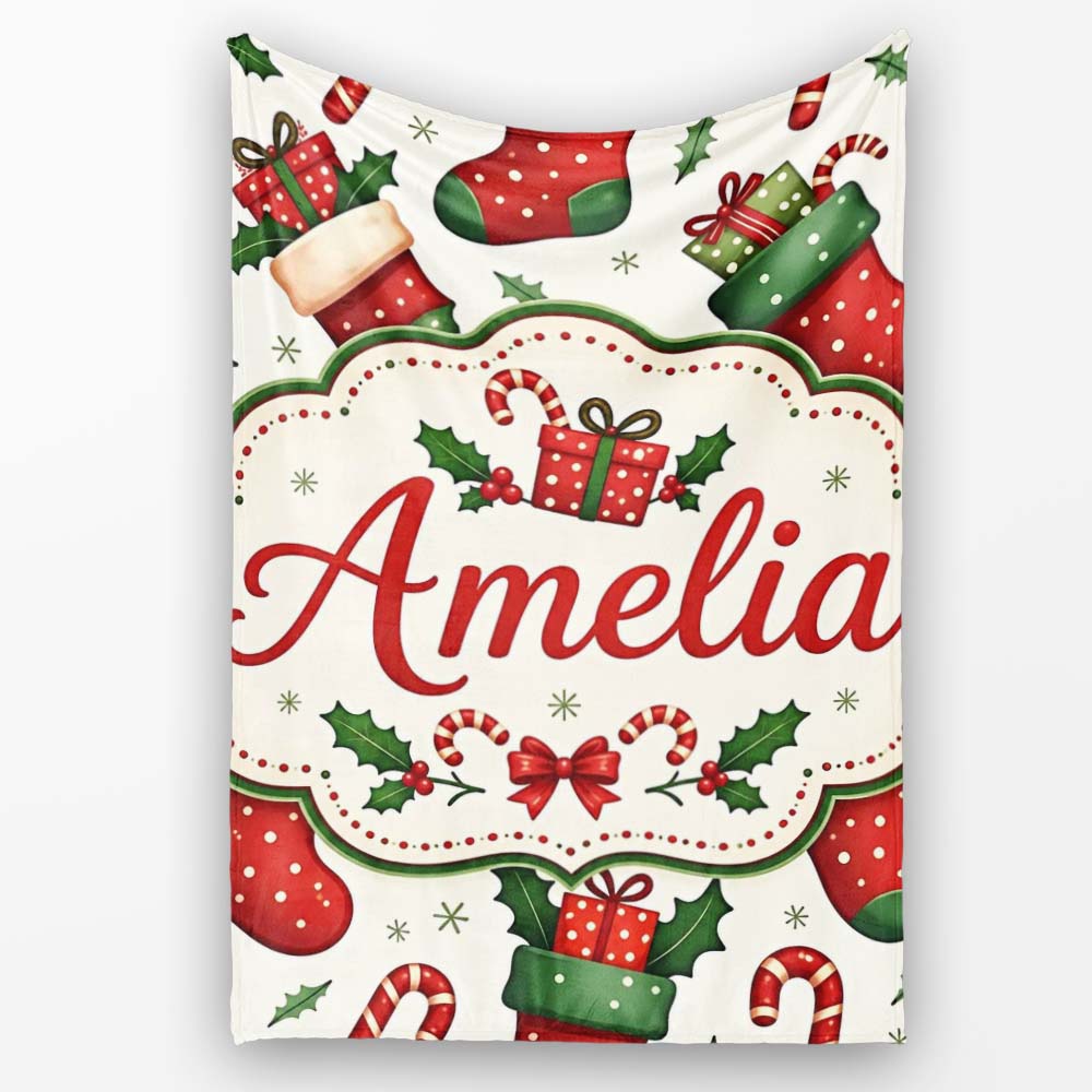 Cute Christmas Stockings Gifts Candy Cane Holly Seamless Pattern  Personalised Custom Name Super Soft Fleece Blanket Bed Sofa Throw