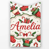 Cute Christmas Stockings Gifts Candy Cane Holly Seamless Pattern  Personalised Custom Name Super Soft Fleece Blanket Bed Sofa Throw