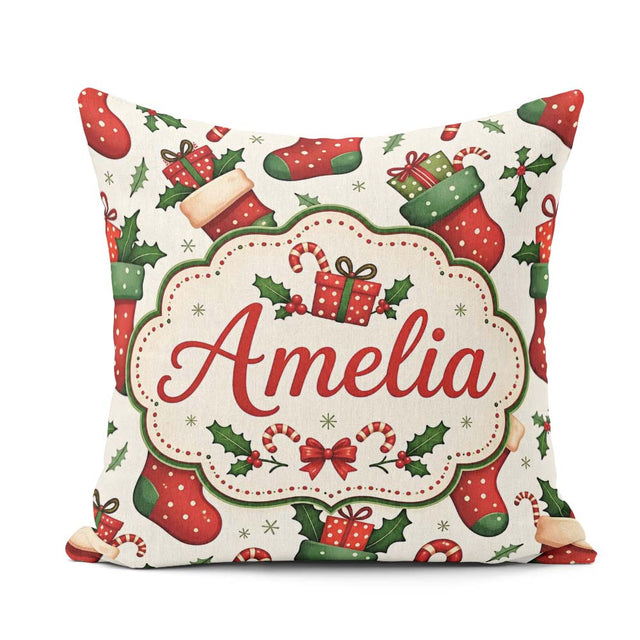 Custom Name Christmas Stockings Gifts Candy Cane Holly Seamless Square Filled Cushion Throw Pillow Sofa Bed Home Decor Zip Washable UK Made