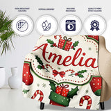Cute Christmas Stockings Gifts Candy Cane Holly Seamless Pattern  Personalised Custom Name Super Soft Fleece Blanket Bed Sofa Throw