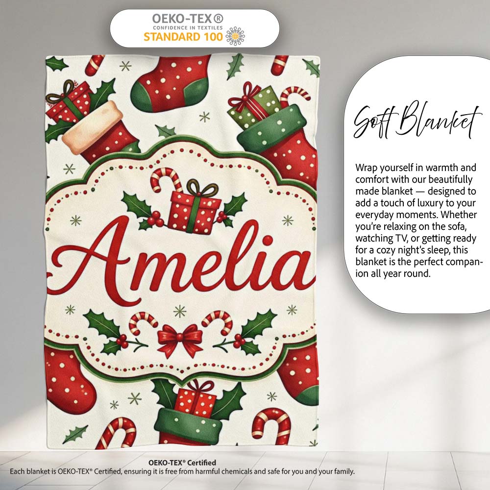 Cute Christmas Stockings Gifts Candy Cane Holly Seamless Pattern  Personalised Custom Name Super Soft Fleece Blanket Bed Sofa Throw