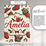 Cute Christmas Stockings Gifts Candy Cane Holly Seamless Pattern  Personalised Custom Name Super Soft Fleece Blanket Bed Sofa Throw