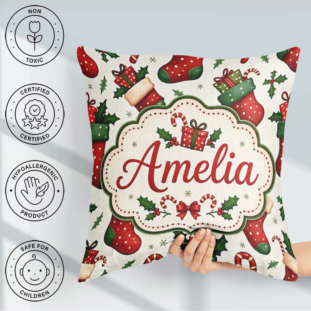 Custom Name Christmas Stockings Gifts Candy Cane Holly Seamless Square Filled Cushion Throw Pillow Sofa Bed Home Decor Zip Washable UK Made