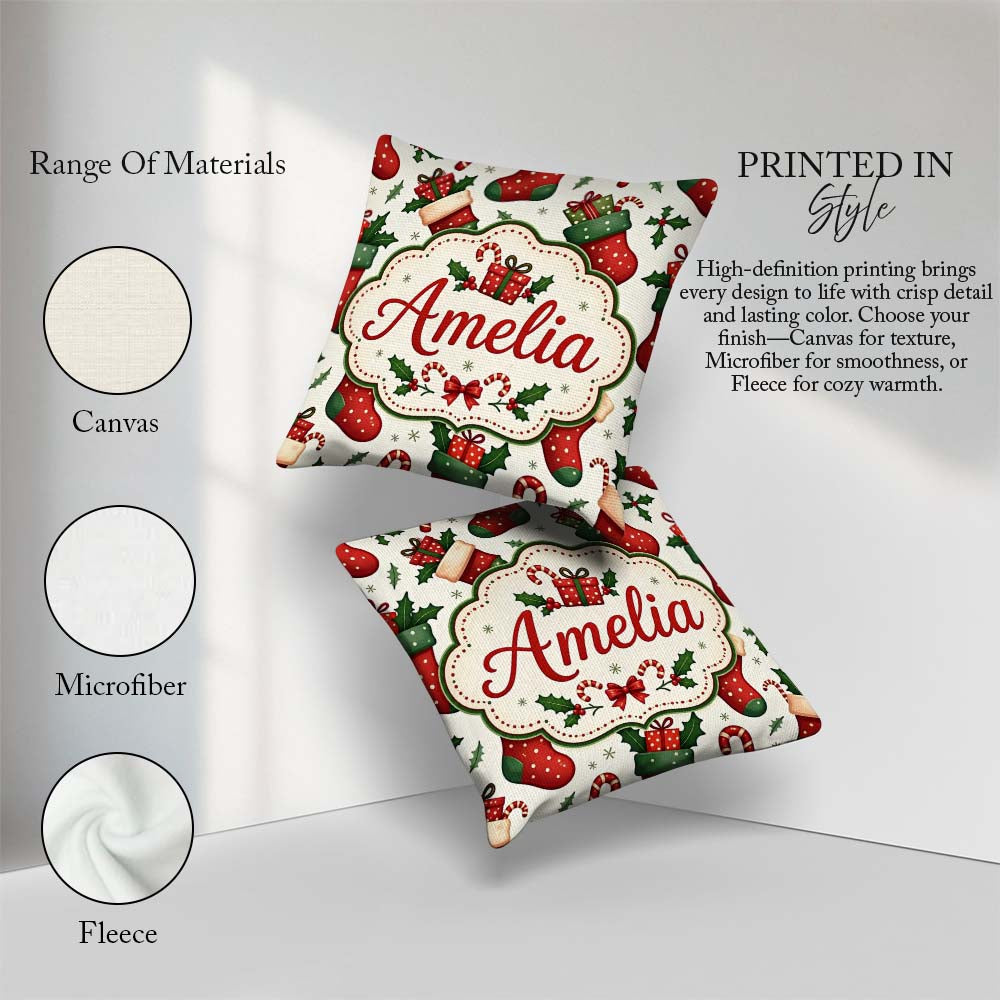 Custom Name Christmas Stockings Gifts Candy Cane Holly Seamless Square Filled Cushion Throw Pillow Sofa Bed Home Decor Zip Washable UK Made
