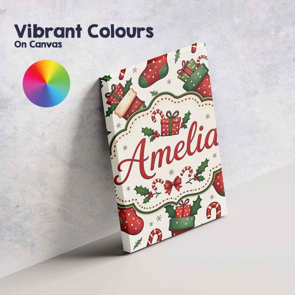 Personalised Name Cute Christmas Stockings Custom  Unique Gift Idea Elegant Feature Canvas Wall Art Print Decor Picture Ready to Hang