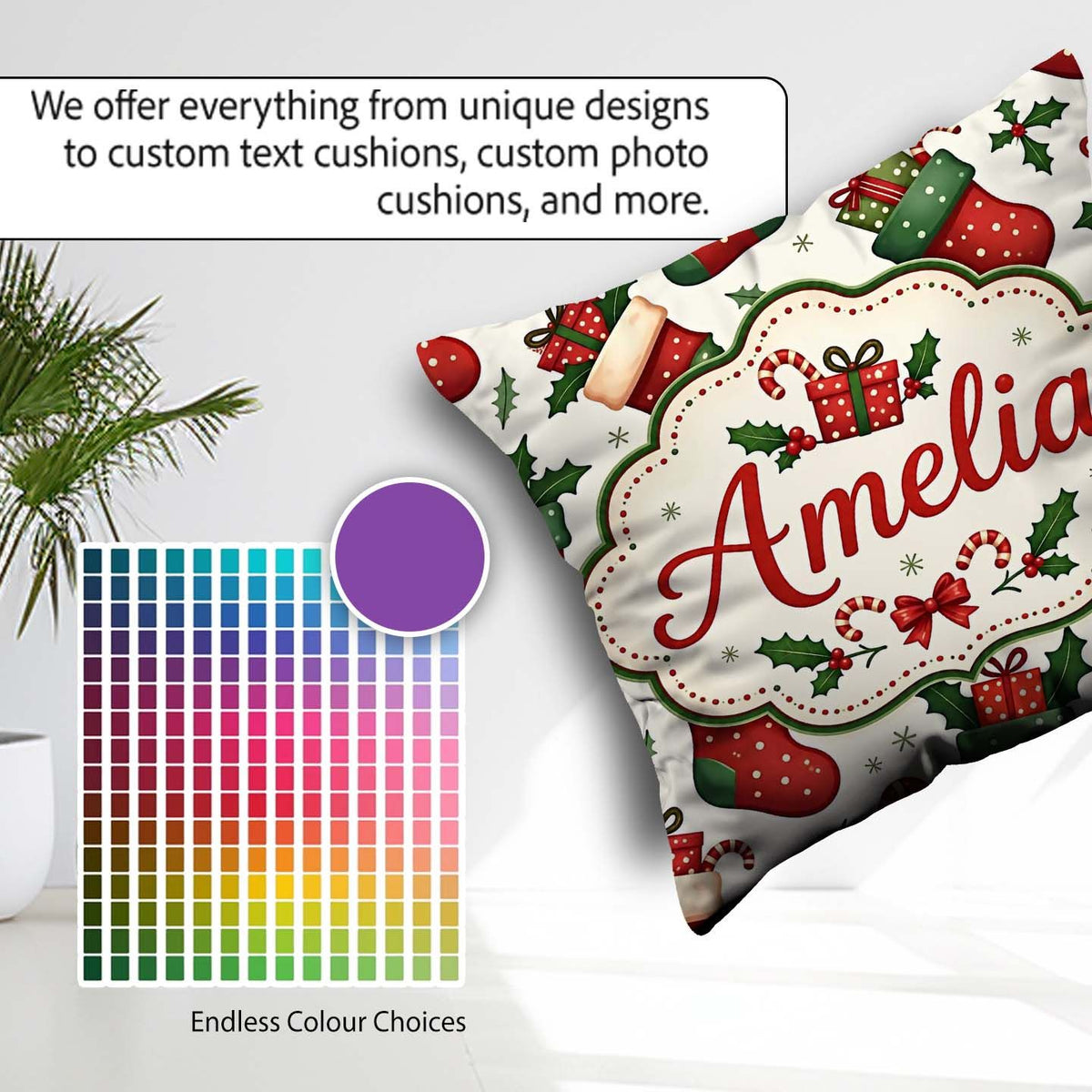 Custom Name Christmas Stockings Gifts Candy Cane Holly Seamless Square Filled Cushion Throw Pillow Sofa Bed Home Decor Zip Washable UK Made